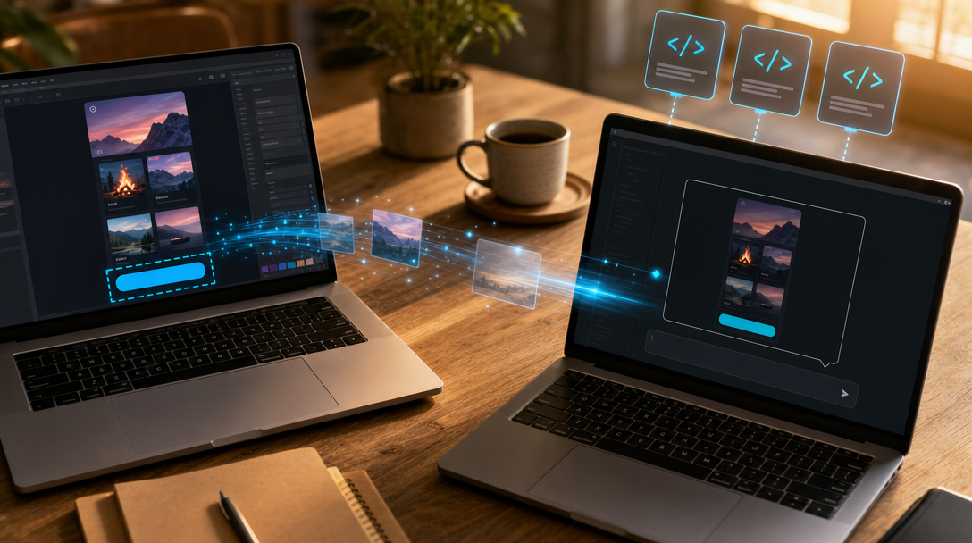 Deux laptops côte à côte, à gauche une UI avec sélection cyan, à droite Claude Code recevant l'image en chat, des particules cyan voyagent entre les deux écrans