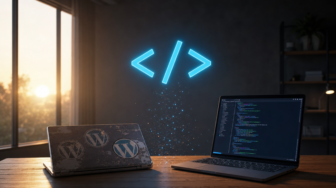 Symbole </> cyan flottant entre un vieux laptop WordPress poussiéreux à gauche et un laptop moderne avec code IA à droite, lumière de soleil levant