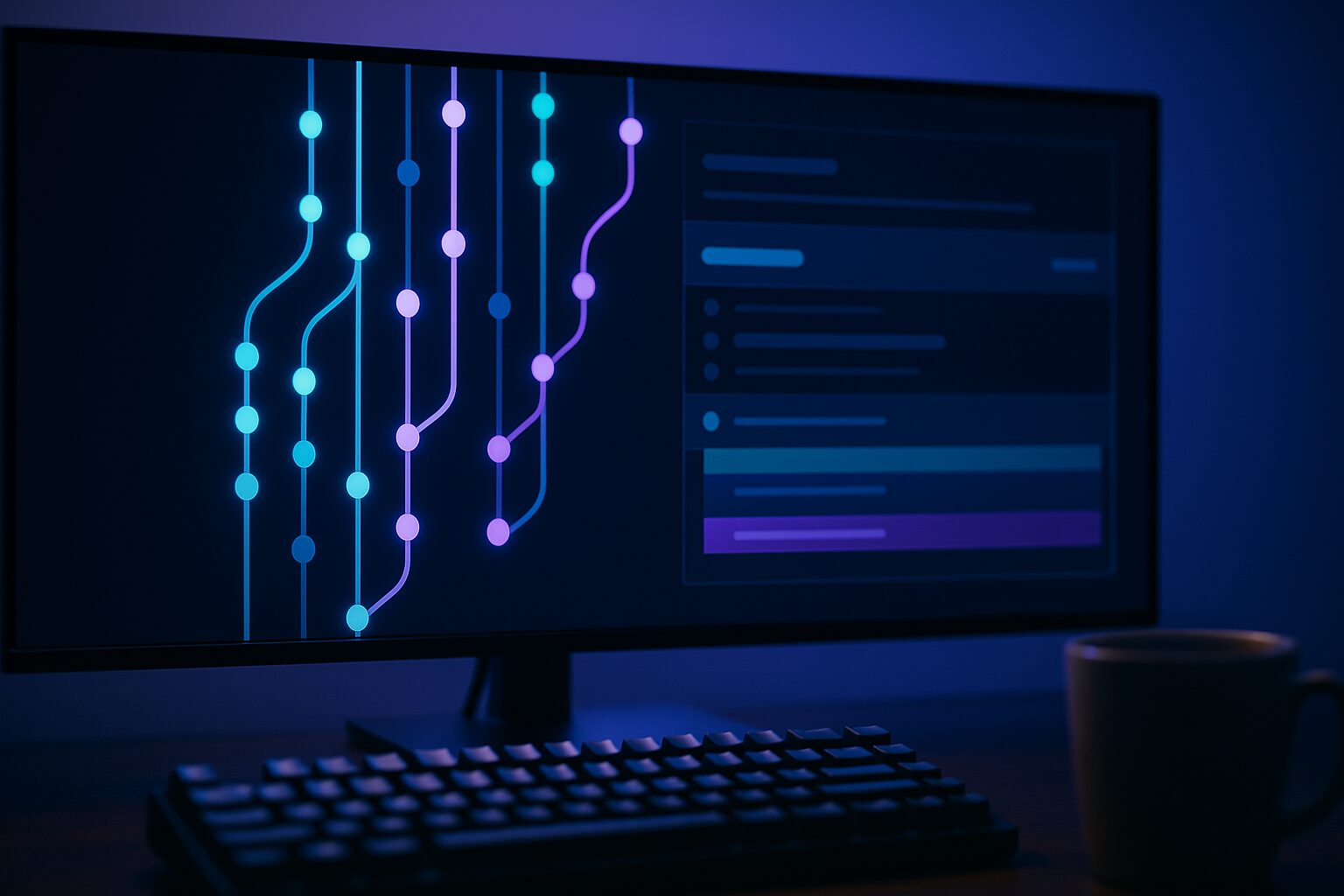 Branche Git visualisée avec commits successifs sur un écran de pull request review en équipe