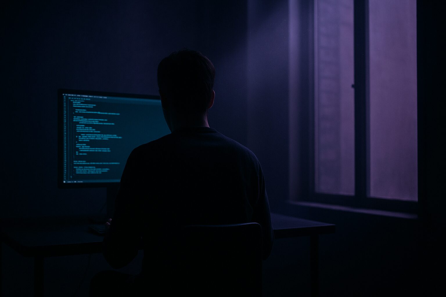 Silhouette d'un développeur dans un espace baigné de lumière atmosphérique évoquant le vibe coding
