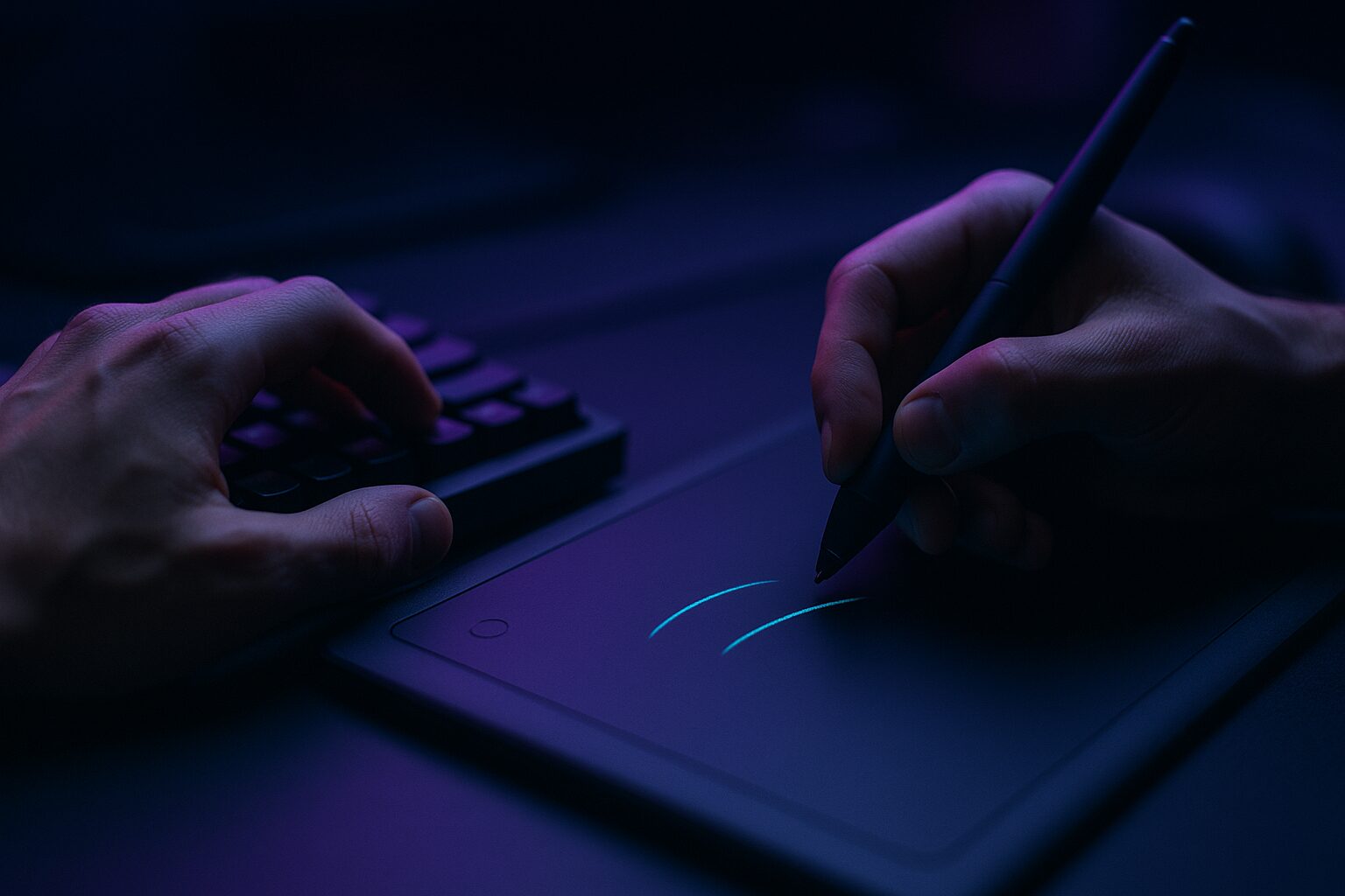 Mains de développeur entre clavier et stylet sur tablette graphique évoquant un dialogue homme-machine