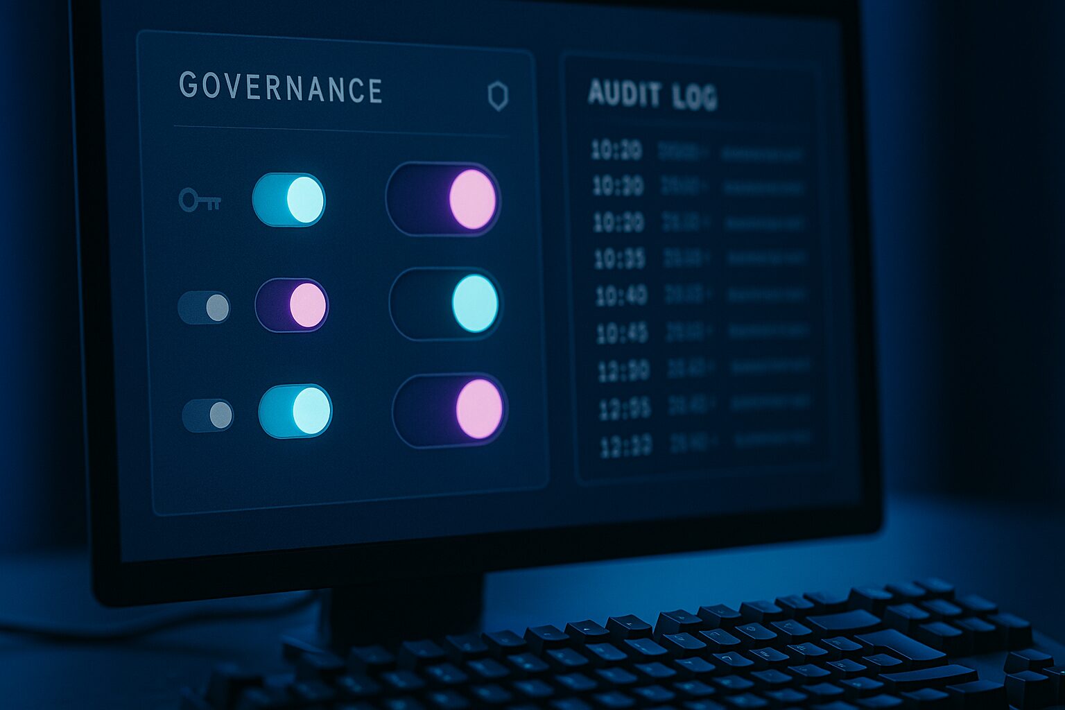 Tableau de gouvernance d'un agent IA avec contrôles de permissions et audit trail visibles à l'écran