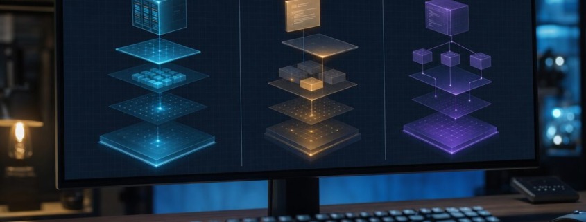 Trois frameworks JavaScript modernes représentés par des structures architecturales distinctes en 2026