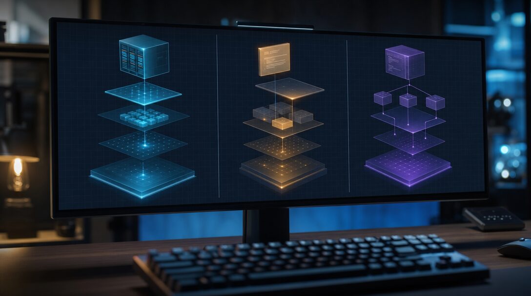 Trois frameworks JavaScript modernes représentés par des structures architecturales distinctes en 2026