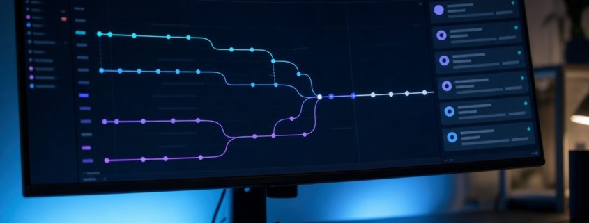 Workflow Git d'équipe avec branches IA-assistées et review humaine sur un monitor de développeur