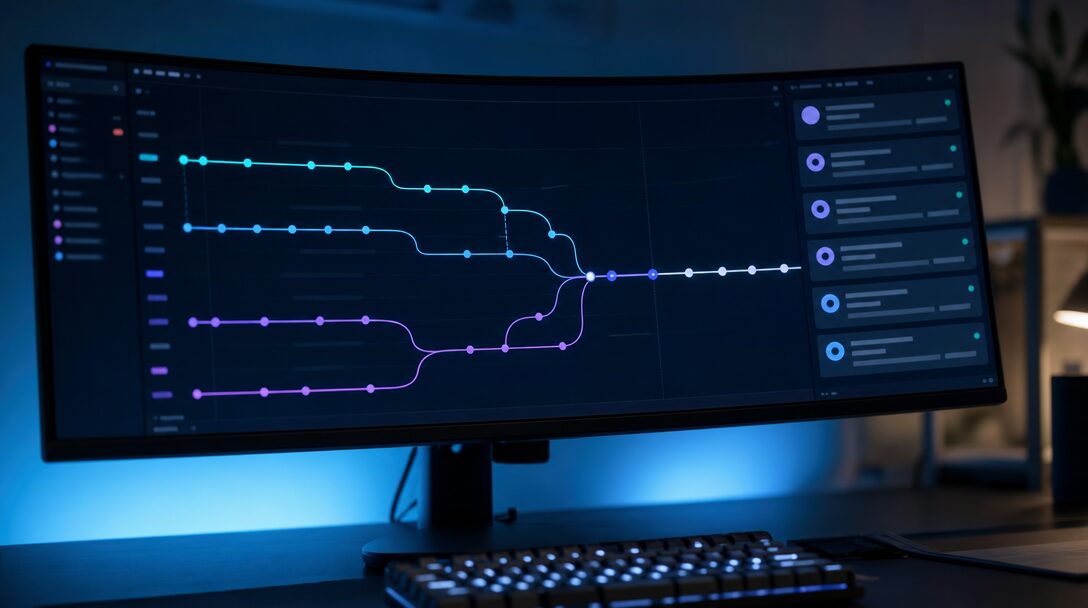 Workflow Git d'équipe avec branches IA-assistées et review humaine sur un monitor de développeur