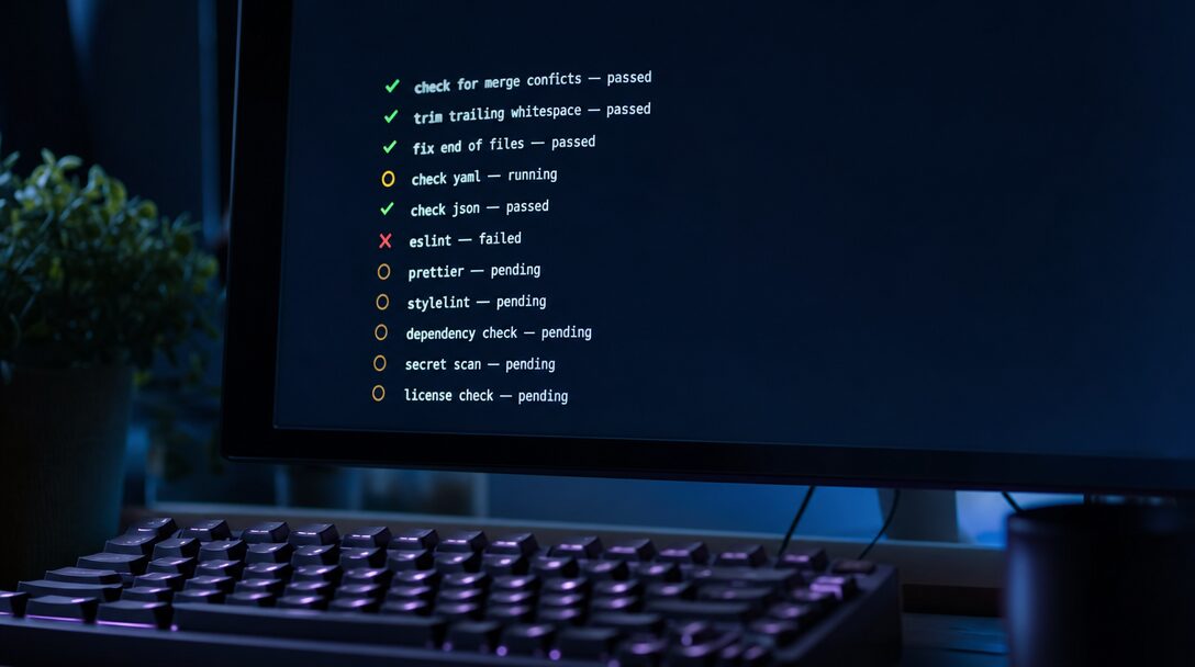 Sortie d'un hook pre-commit affichant des contrôles automatiques exécutés avant un commit Git