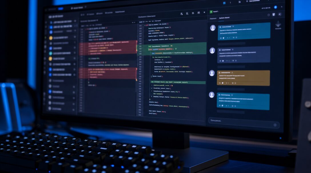 Interface de code review affichant un diff annoté avec commentaires IA et humains entremêlés