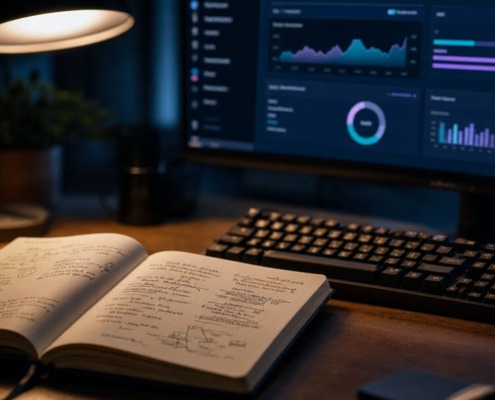 Carnet de notes ouvert près d'un écran de développeur évoquant un retour d'expérience vibe coding