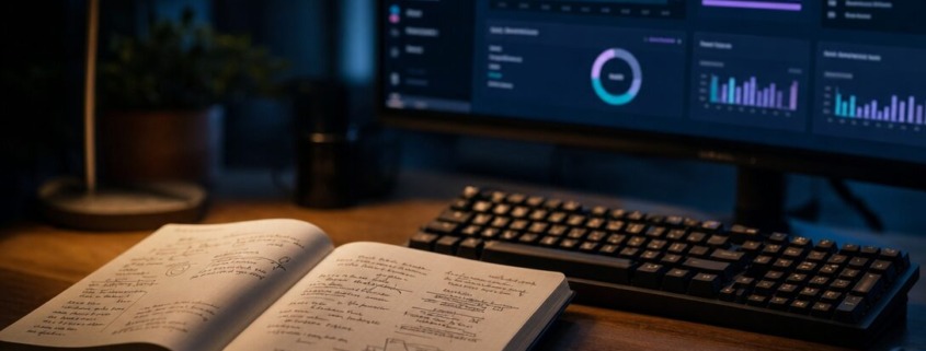 Carnet de notes ouvert près d'un écran de développeur évoquant un retour d'expérience vibe coding