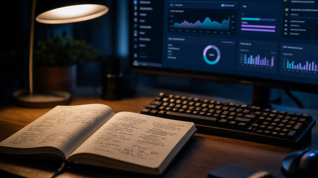Carnet de notes ouvert près d'un écran de développeur évoquant un retour d'expérience vibe coding