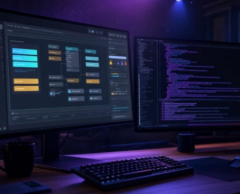 Croisée des chemins métaphorique entre une interface no-code visuelle et un terminal de code en 2026