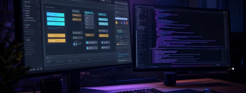 Croisée des chemins métaphorique entre une interface no-code visuelle et un terminal de code en 2026