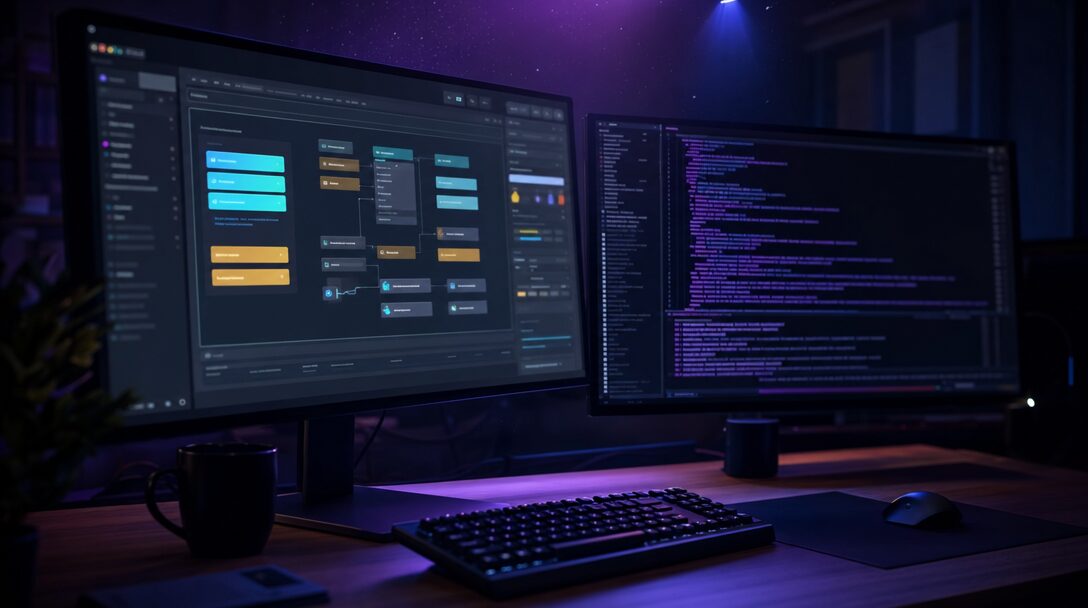 Croisée des chemins métaphorique entre une interface no-code visuelle et un terminal de code en 2026