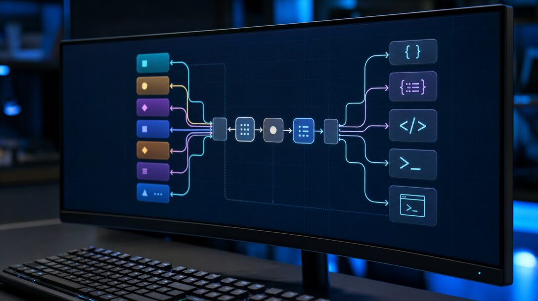 Architecture hybride combinant briques no-code et code généré par IA dans un même flux applicatif