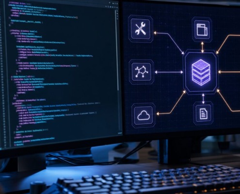Construction d'un serveur MCP personnalisé visualisée par des modules empilés et un terminal de code