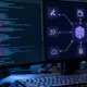 Construction d'un serveur MCP personnalisé visualisée par des modules empilés et un terminal de code
