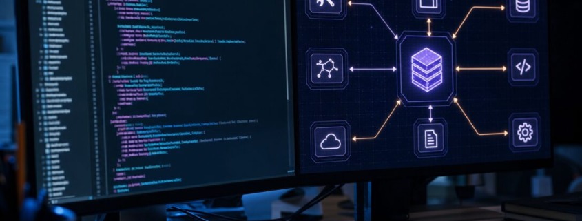 Construction d'un serveur MCP personnalisé visualisée par des modules empilés et un terminal de code