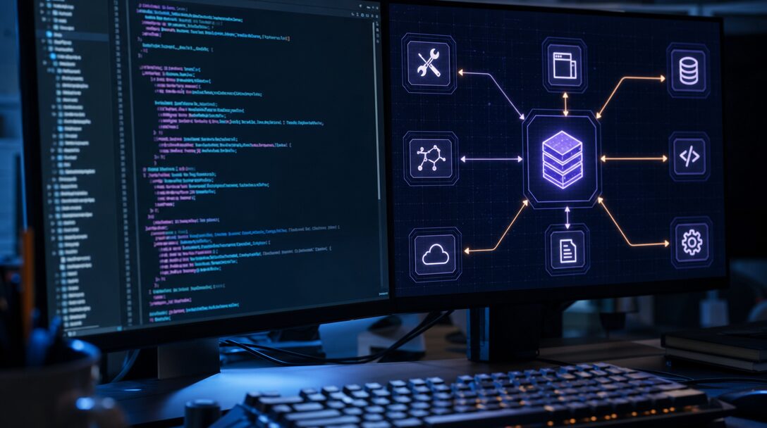 Construction d'un serveur MCP personnalisé visualisée par des modules empilés et un terminal de code